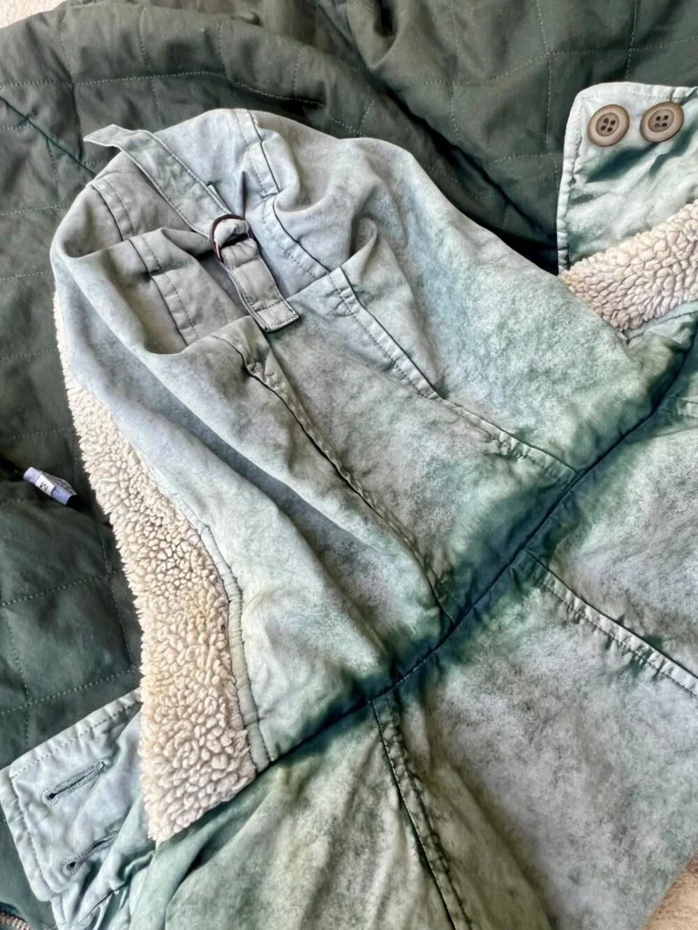 Free City Sherpa Lined Hooded Winter Coat Parka Jacket Green Acid Wash Medium NW - Picture 6 of 9